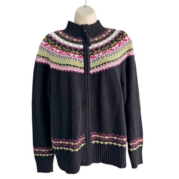 Heirloom Collectibles Vtg Womens Sz L Black Pink Fair Isle Full Zip Cardigan NWT - Picture 1 of 9